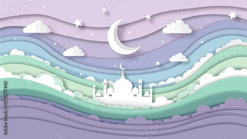 Abstract Wavy Paper Cut Islamic Background with White Mosque Silhouette, Pastel Purple and Mint Layered Clouds Vector