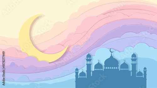 Pastel Rainbow Paper Cut Islamic Background with Fluffy Clouds, Big Crescent Moon, and Blue Mosque Silhouette Vector