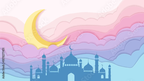 Dreamy Purple and Pink Paper Cut Islamic Background with Fluffy Clouds, Crescent Moon, and Mosque Vector for Ramadan