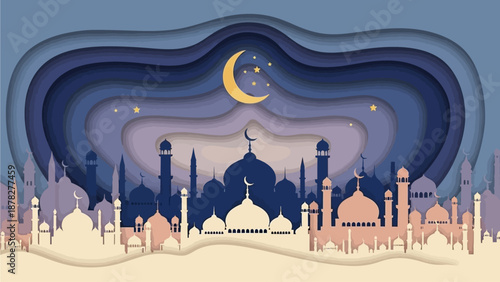 Paper Cut Night Background with Wavy Blue Layers, Mosque Cityscape Silhouette, and Crescent Moon for Ramadan Vector