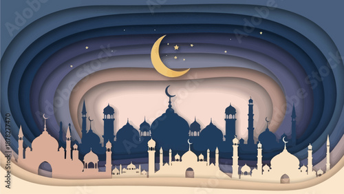 Deep 3D Paper Cut Islamic Night Background with Cave Effect Layers, Mosque Skyline Silhouette, and Crescent Moon Vector