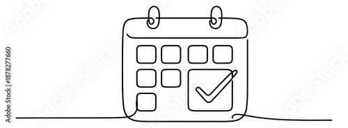 Continuous line art illustration of a calendar icon depicting a completed task for scheduling and organization