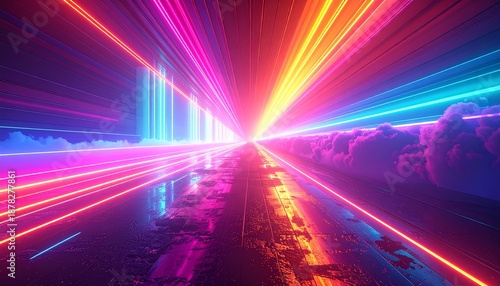3d render, abstract background with colorful spectrum. Bright neon rays and glowing lines.