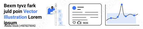 Business analytics, data visualization, risk management, social engagement, online communication, and digital trends. Blue graph and social card illustration. Risk assessment and business analytics