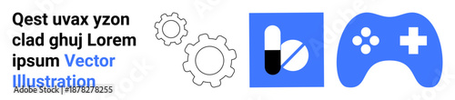 Technology solutions, healthcare innovation, gaming interfaces, pharmaceutical industry, software design, development tools. Gear symbols, medical pills and game controller. Technology
