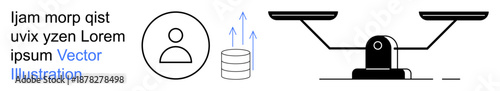 Data analysis, cloud computing, decision-making, legal judgment, equality, user interaction. Person icon with database and balance scale illustration. Data analysis and decision-making concept