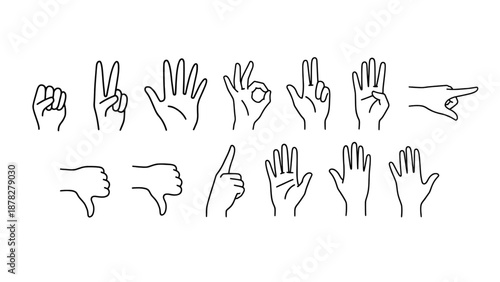 Outline icon set of various hand gestures including pointing, counting, approval, and communication signs. Ideal for instruction, UI guidance, and visual language.