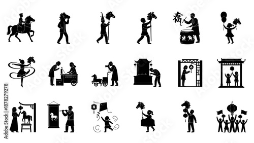 Collection of silhouetted people in various actions and events from history and daily life depicted in simple illustrations