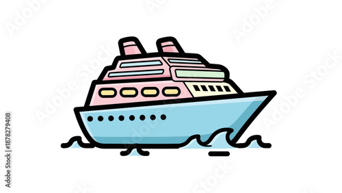 Colorful Cartoon Cruise Ship Illustration Depicting Leisure Vessel Design