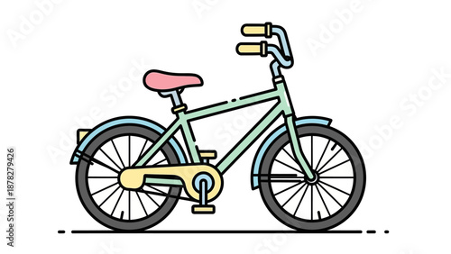 Colorful cartoon-style children's bicycle with pink seat and safety features