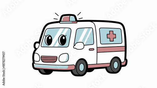Cute cartoon ambulance vehicle with eyes and playful expression for kid