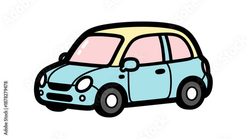 Cute cartoon illustration of a compact blue and beige hatchback vehicle for