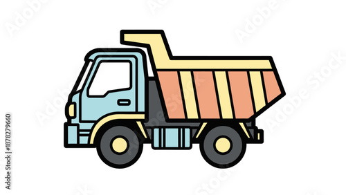 Simplified Cartoon Dump Truck Illustration with Bold Color Lines for Children
