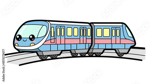 Cute cartoon train with a playful face moving along curved tracks in a