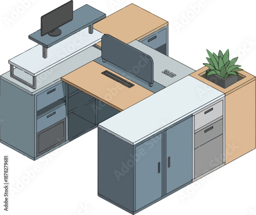 Isometric view of a modular office desk workstation with storage and monitor shelf