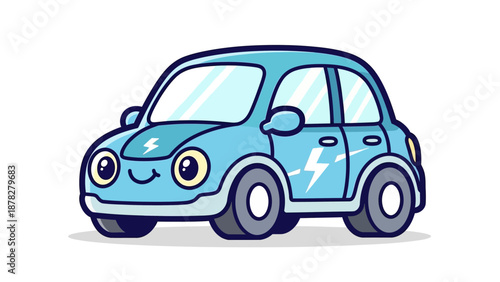 Adorable cartoon blue compact hatchback car with cheerful expression and