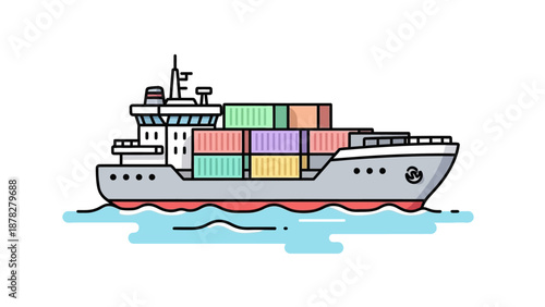 Modern cargo ship transporting colorful containers across the sea