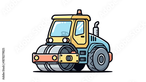 Cartoon-like illustration of a compact steamroller machine with detailed