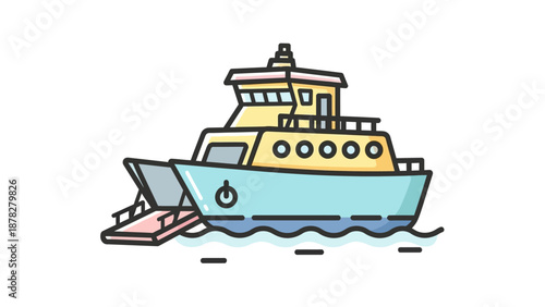 Colorful Illustration of a Motor Yacht with a docked ramp and multiple decks
