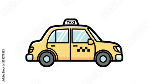 cartoon-style compact yellow taxi cab with roof sign and checkered side
