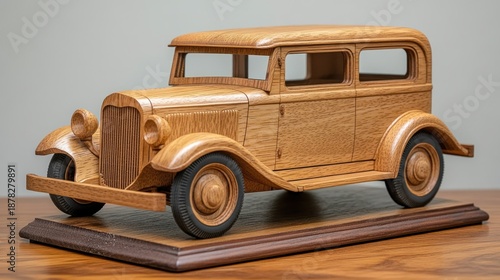 Detailed wooden model of a vintage car