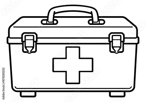 Line art illustration of a first aid kit depicting essential medical supplies for emergency situations