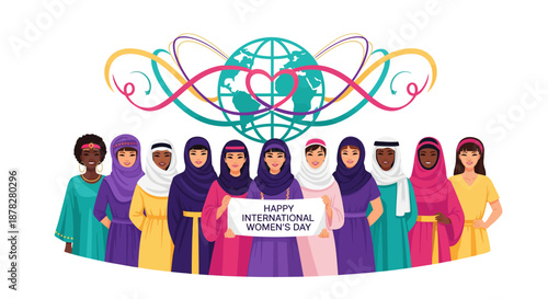 Celebrating International Women's Day with a diverse group of women holding a banner, symbolizing global unity and empowerment