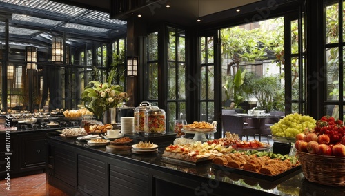 Variety of food on a buffet table in a modern restaurant.
