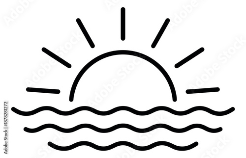 Hand drawn line art illustration of a sunset over the ocean for summer and travel designs