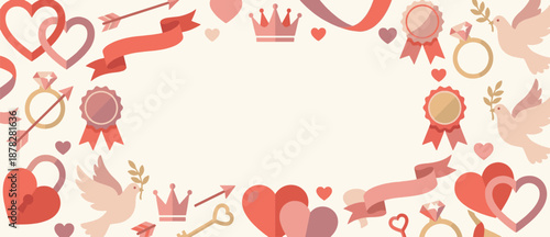 Valentine's Day frame background with romantic hearts, doves, rings and decorative elements
