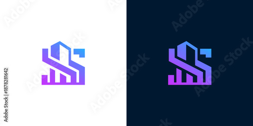 Abstract geometric letter S logo design with gradient colors on white and dark blue backgrounds