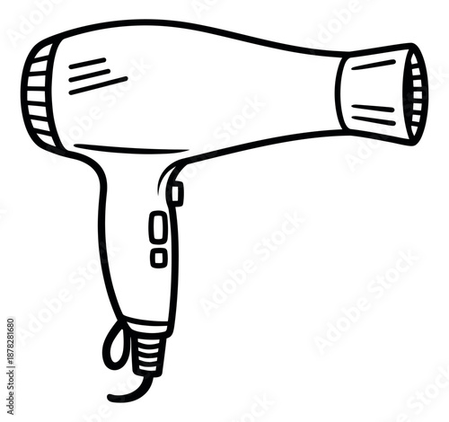 Hand drawn line art illustration of a hairdryer depicting a personal styling tool for beauty and hair care