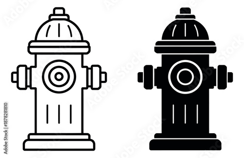 Line art and solid fire hydrant icon set featuring outline and glyph styles for emergency and public safety themes