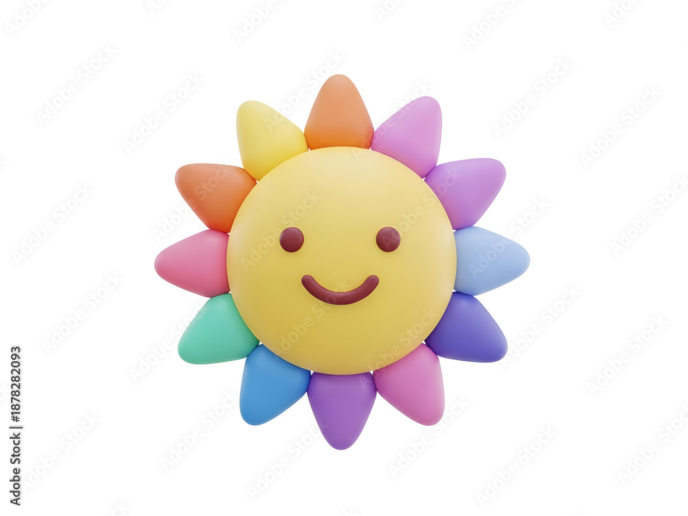 Obraz premium 3D rendered smiling rainbowpetaled sun icon on a white background