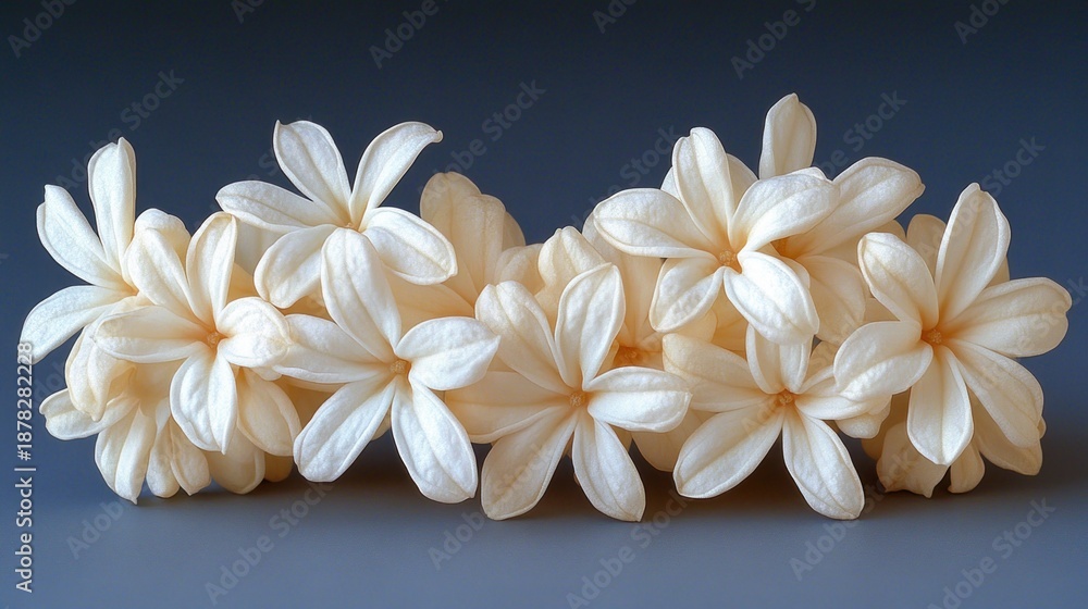 Obraz premium Pale cream flowers arranged in a horizontal row against a muted gray-blue background