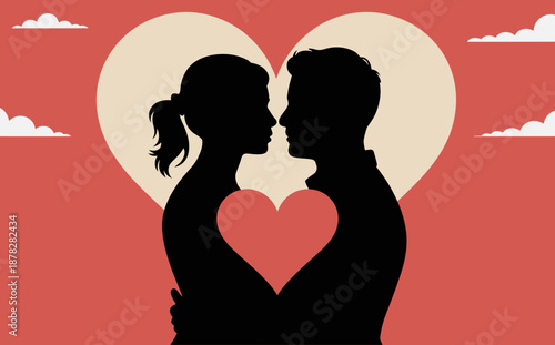Loving couple silhouette forming heart. Couple silhouette romantic valentine's art