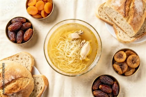 Top-down view of a Ramadan iftar spread showcasing chicken noodle soup, assorted breads, dates, apricots and dried fruits arranged on a white tablecloth