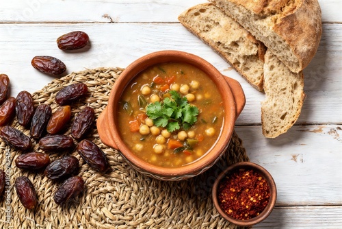 Sharing a traditional Ramadan iftar with steaming soup, sweet dates, crusty bread, terracotta bowls and fresh herbs in a closeup photograph on a rustic white wooden table