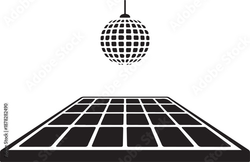 Black and white disco ball hanging over a grid floor