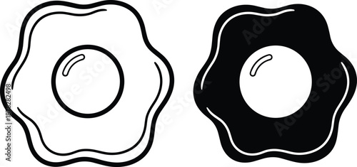 Black And White Vector Illustration Of Two Sunny Side Up Fried Eggs Featuring Simple Line Art And Solid Silhouette For Breakfast Food And Kitchen Design