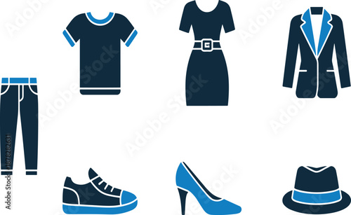 Fashion Clothing Flat Icons Set Featuring Shirt, Dress, Suit, Pants, Shoes, Heels and Hat for Apparel, Style and Retail Design Vector Illustration