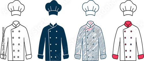Chef Uniform and Hat Icons Set Featuring Professional Kitchen Jackets, Culinary Clothing Styles and Restaurant Staff Apparel for Food Service Design Vector