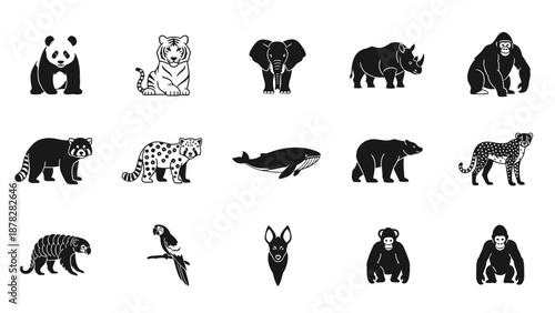 Collection of Endangered Animals Illustrated in Various Poses and Silhouettes