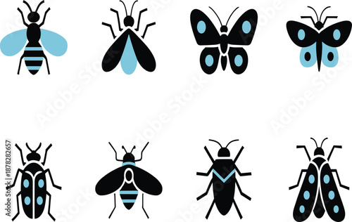 Insect and Butterfly Flat Icons Set Featuring Bees, Flies, Beetles and Butterflies, Cute Nature Bugs Collection for Education and Decorative Design Vector