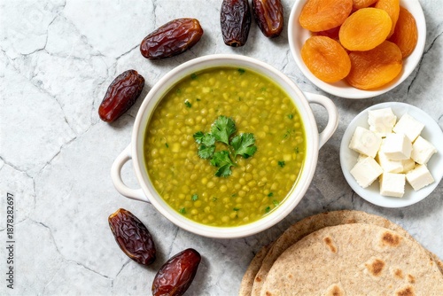 Close-up view of a traditional Ramadan iftar spread with green soup, fresh herbs, sliced cheese, dried apricot pieces, dates and flatbread on a white marble tabletop