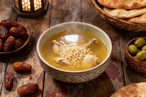 A warm close-up view of a traditional Ramadan iftar spread featuring soup, dates, olives, flatbread and a lantern on a wooden table