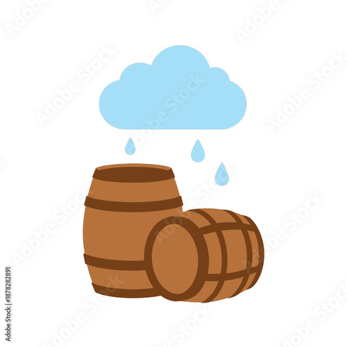 Cloud raining over wooden barrels vector icon.