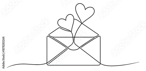Minimalist continuous line art illustration of an open envelope depicting hearts for romantic messages