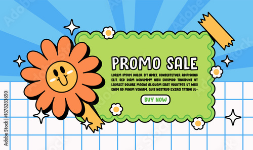 Bright promotional sale banner featuring a cute smiling flower character and playful decorative elements. Perfect for marketing, discounts, advertising, social media, and online shop promotions.