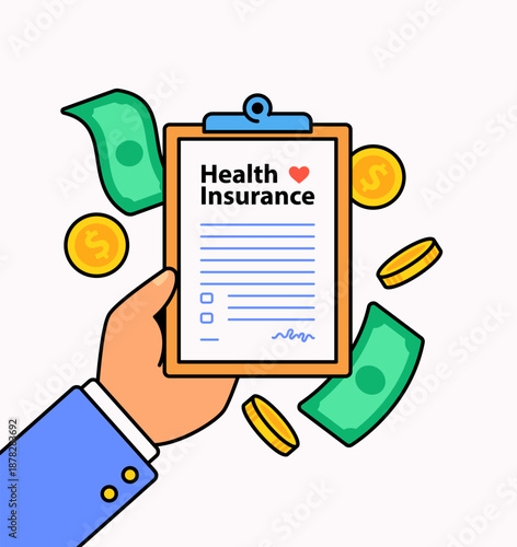 Flat illustration of health insurance document held by hand with coins and cash symbols. Ideal for finance, healthcare, medical coverage, insurance concept, and business design needs.